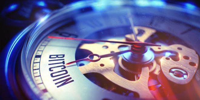 Vintage Pocket Clock Face with Bitcoin Inscription, Close Up View of Watch Mechanism. Business Concept. Lens Flare Effect. 3D.